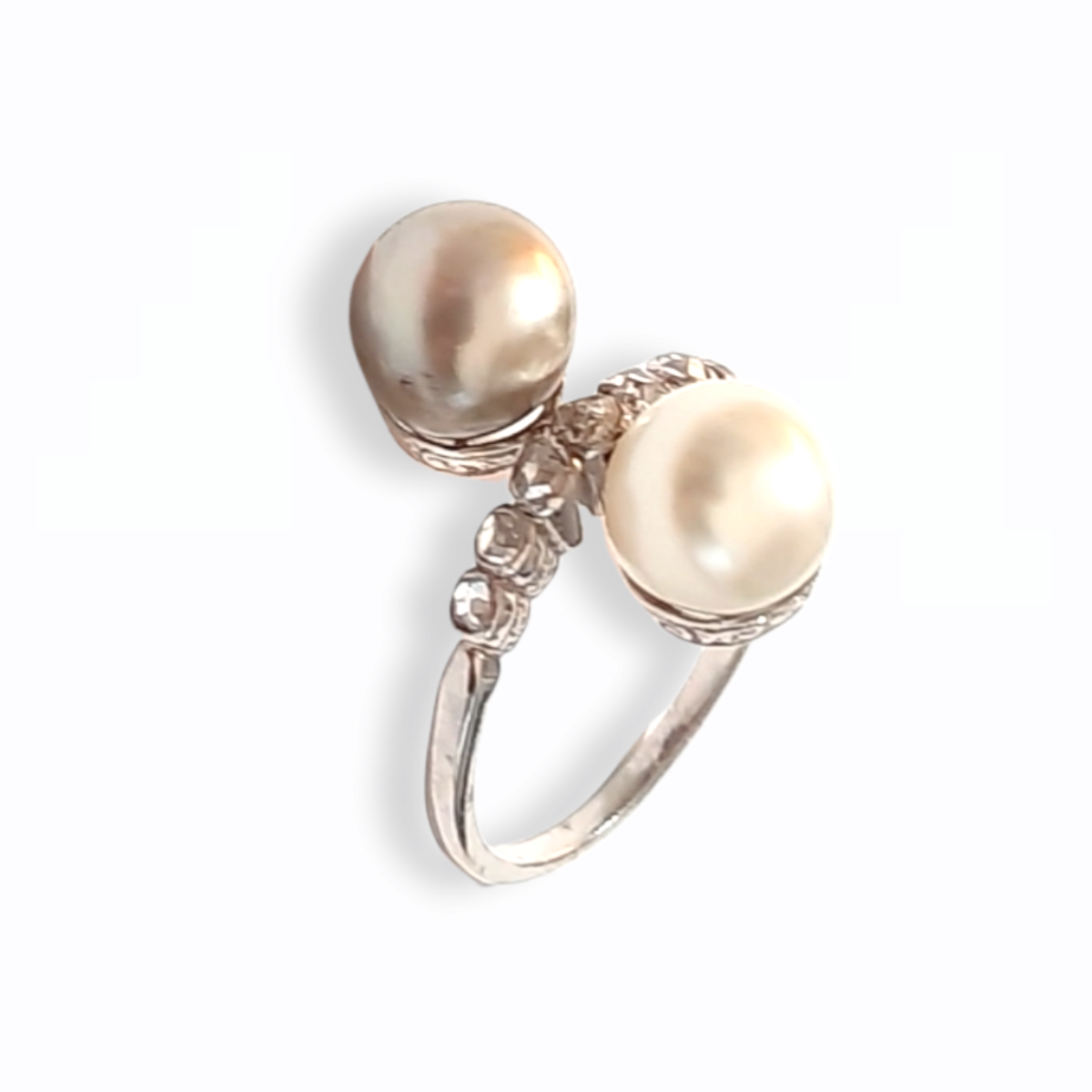 Art Deco Platinum Natural Pearl & Diamond Ring angled front view
