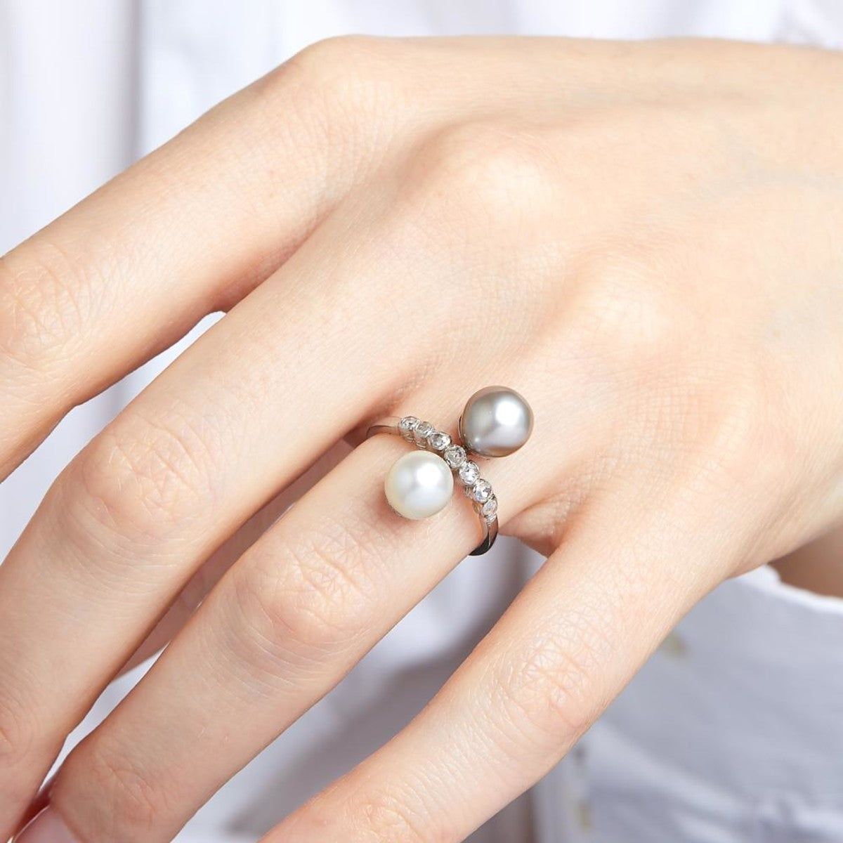 Art Deco Platinum Natural Pearl & Diamond Ring worn on hand