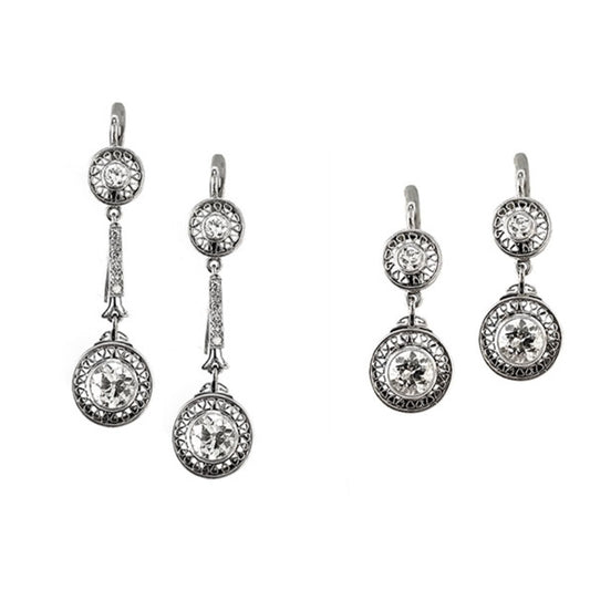 Art Deco 18KT White Gold Diamond Drop Earrings with and without bar