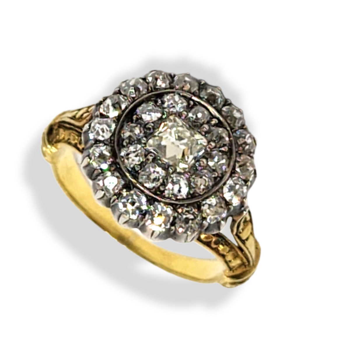 Antique Silver & Yellow Gold Diamond Ring angled front view