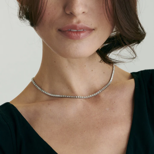 1950s Platinum Diamond Box Link Line Necklace worn on neck
