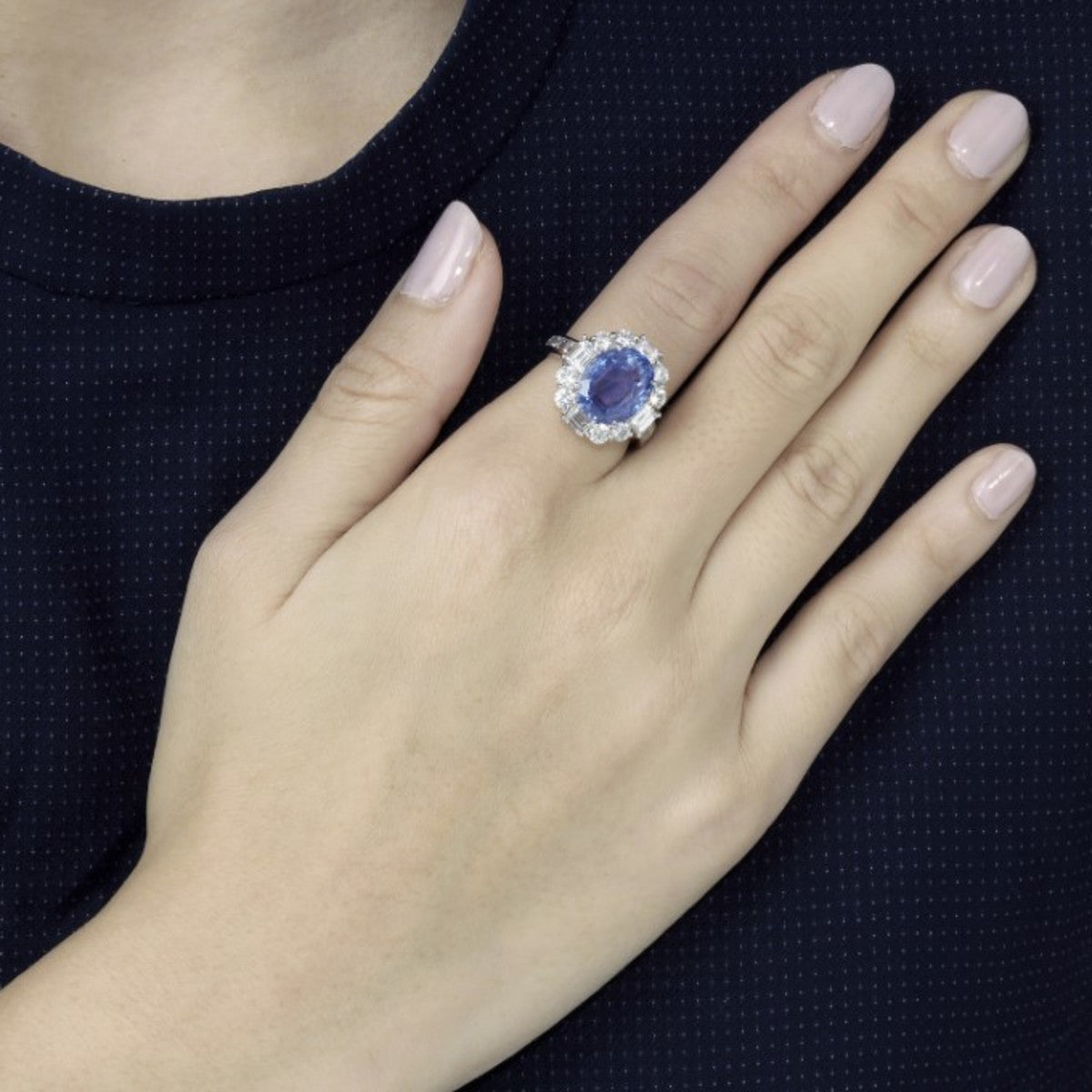 1950s Platinum Sapphire & Diamond Ring worn on hand