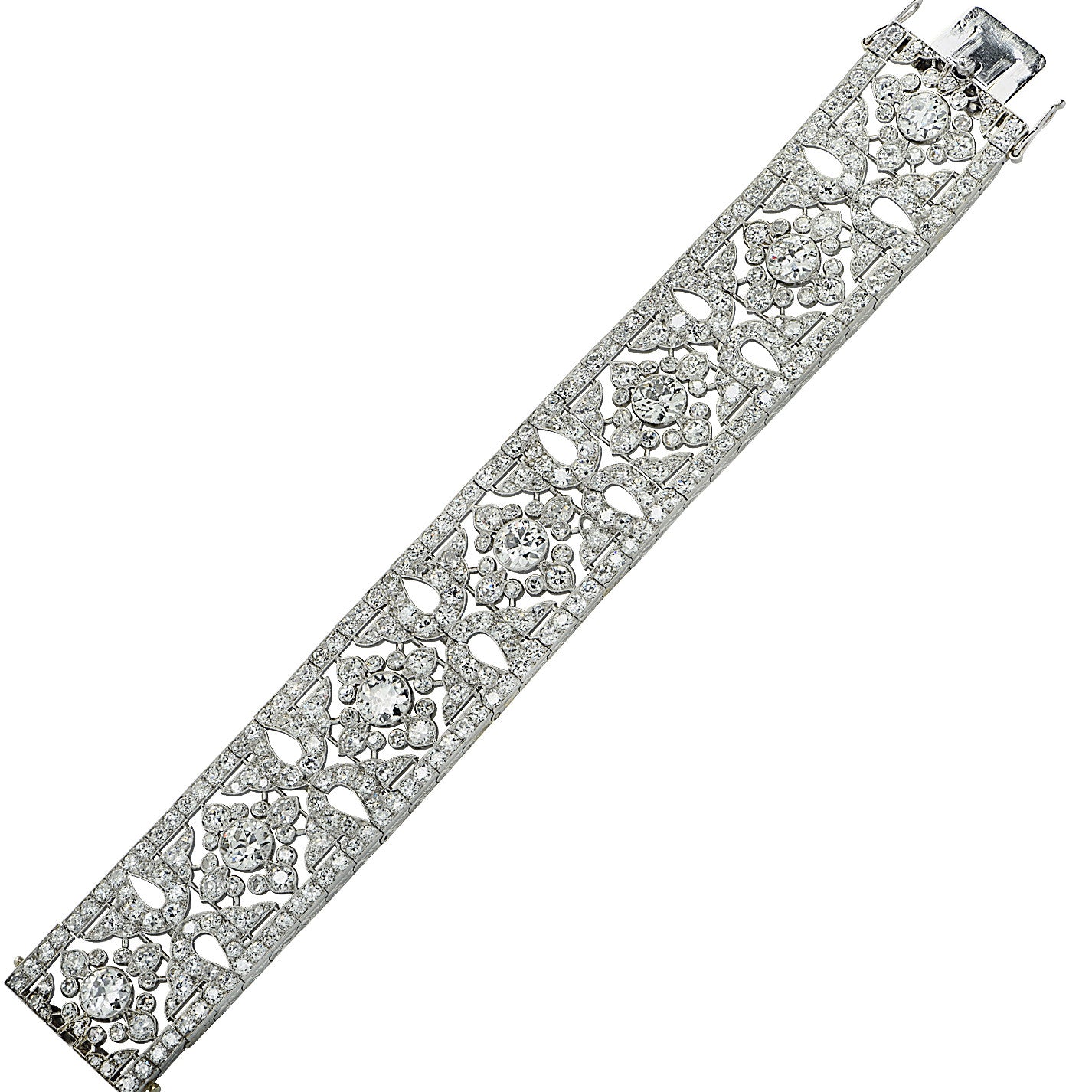 Cartier French Belle Epoque Platinum Diamond Bracelet laid out front view
