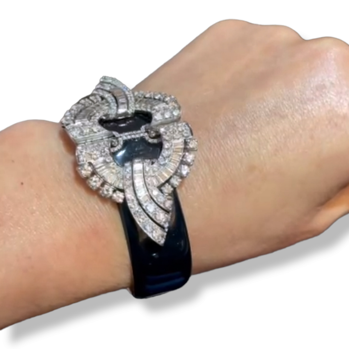 1930s Platinum & White Gold Diamond Double Clip Bracelet worn on wrist 
