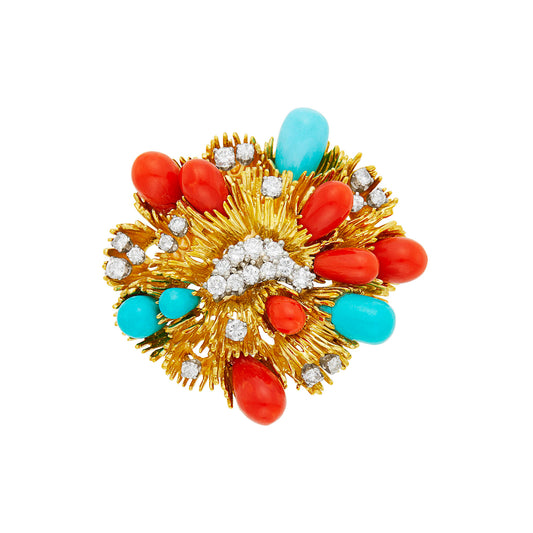 Tiffany & Co. 1960s Platinum & Yellow Gold Diamond, Coral & Turquoise Brooch front view