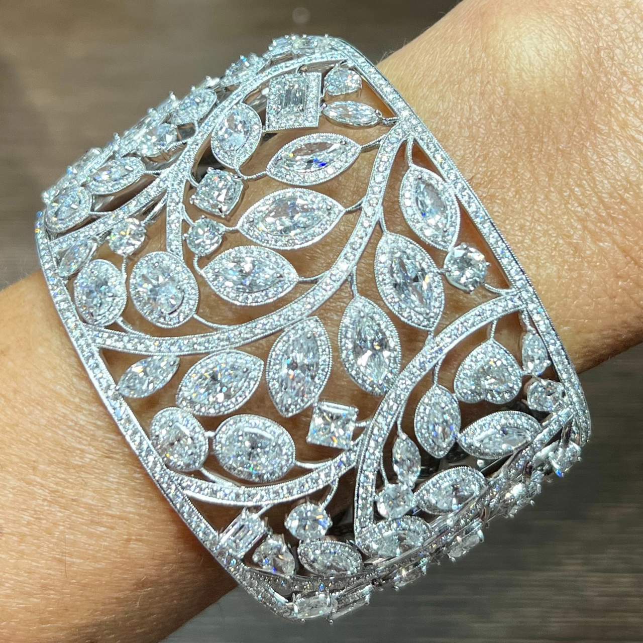 1980s 18KT White Gold Diamond Cuff Bracelet worn on wrist