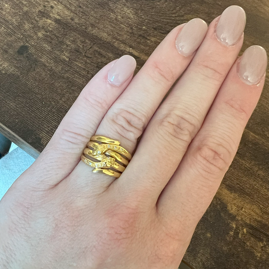 Post-1980s 18KT Yellow Gold Diamond Snake Ring on finger