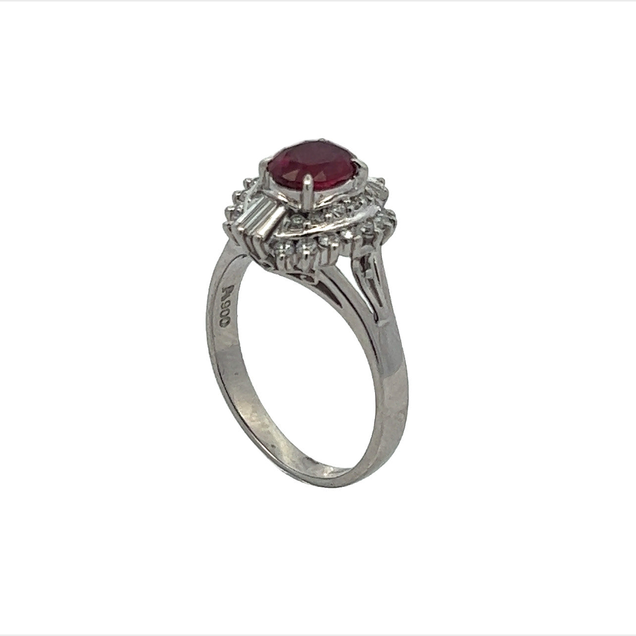 1980s Platinum Ruby & Diamond Ring vertical side view