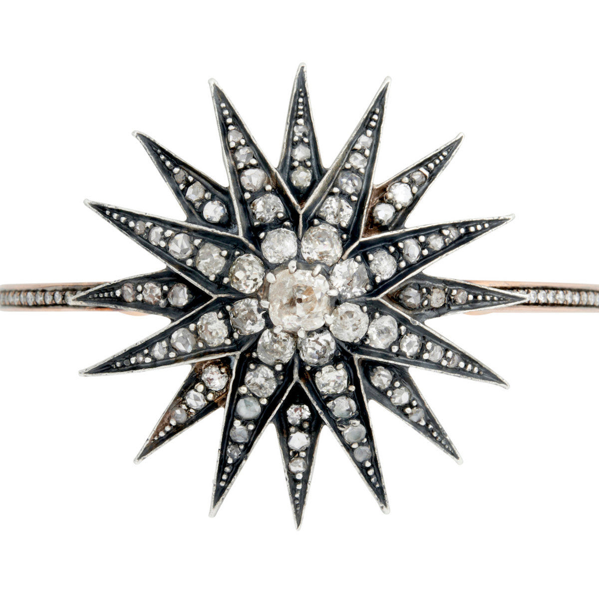 Victorian Silver & Yellow Gold Diamond Starburst Bangle Bracelet close-up details