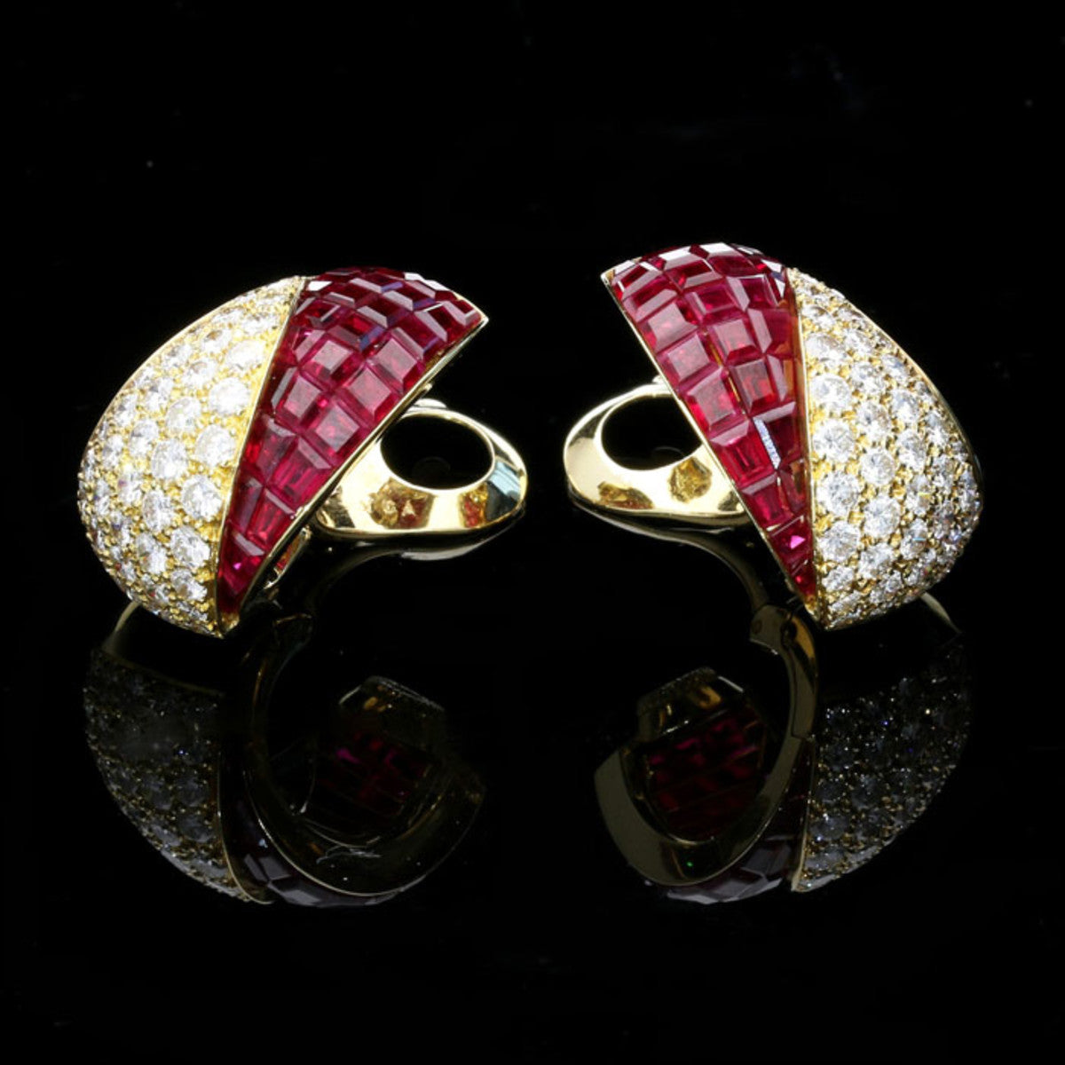 Van Cleef & Arpels 1980s 18KT Yellow Gold Ruby & Diamond Earrings side view