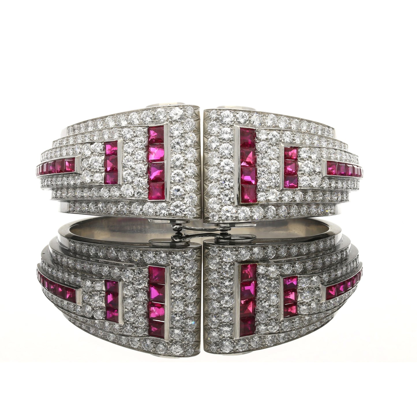 Udall & Ballou Art Deco Platinum Diamond & Ruby Cuff Bracelet front view