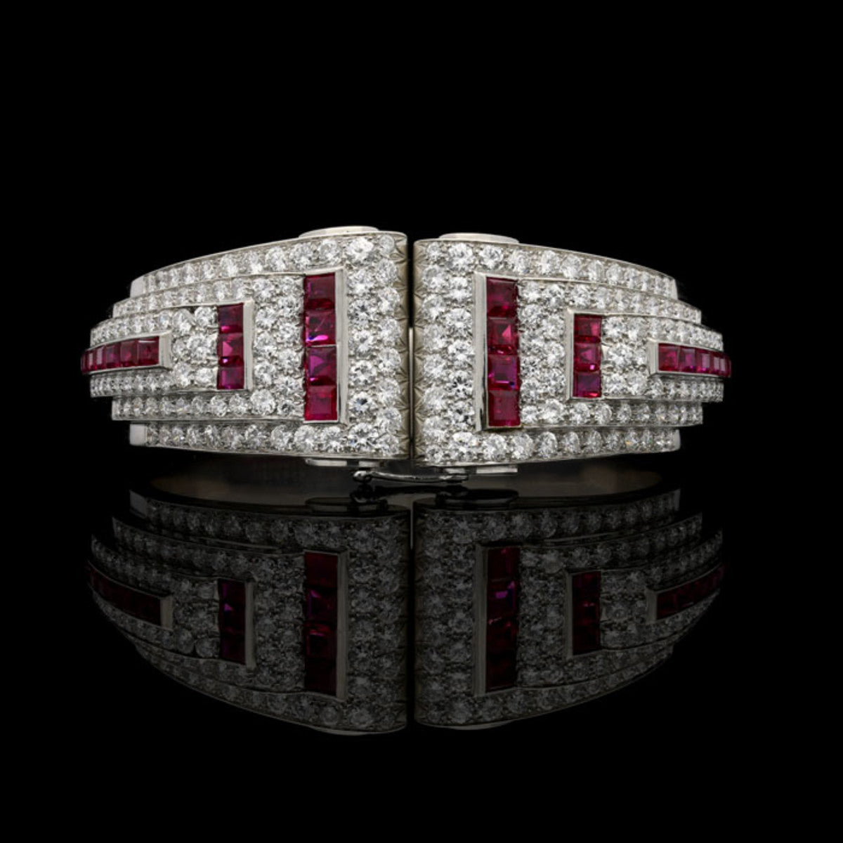 Udall & Ballou Art Deco Platinum Diamond & Ruby Cuff Bracelet front view