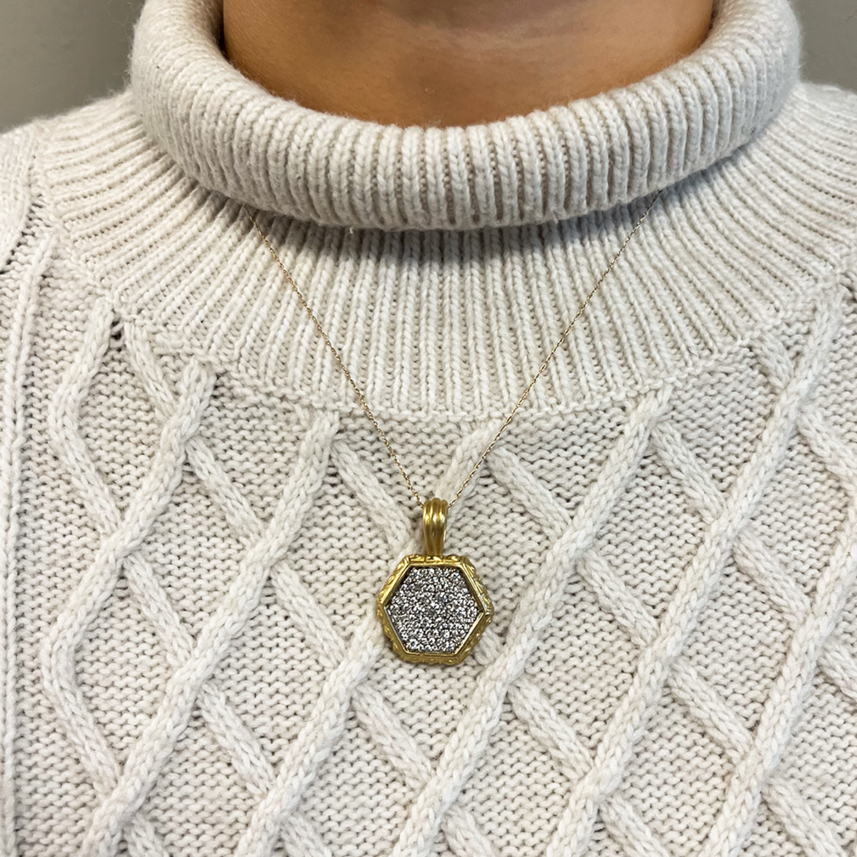 1980s 18KT Yellow Gold Diamond Pendant worn on neck