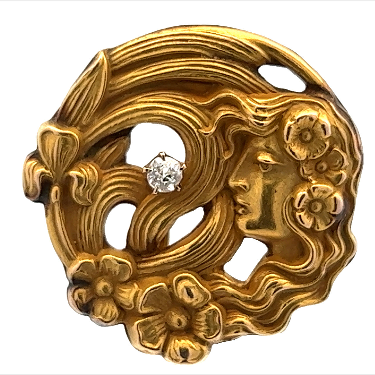 Art Nouveau 14KT Yellow Gold & Diamond Brooch detailed view