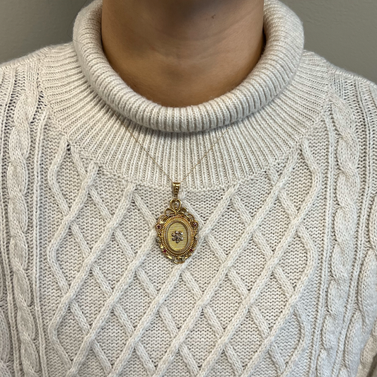 Victorian 18KT Yellow Gold Diamond & Ruby Locket worn on neck