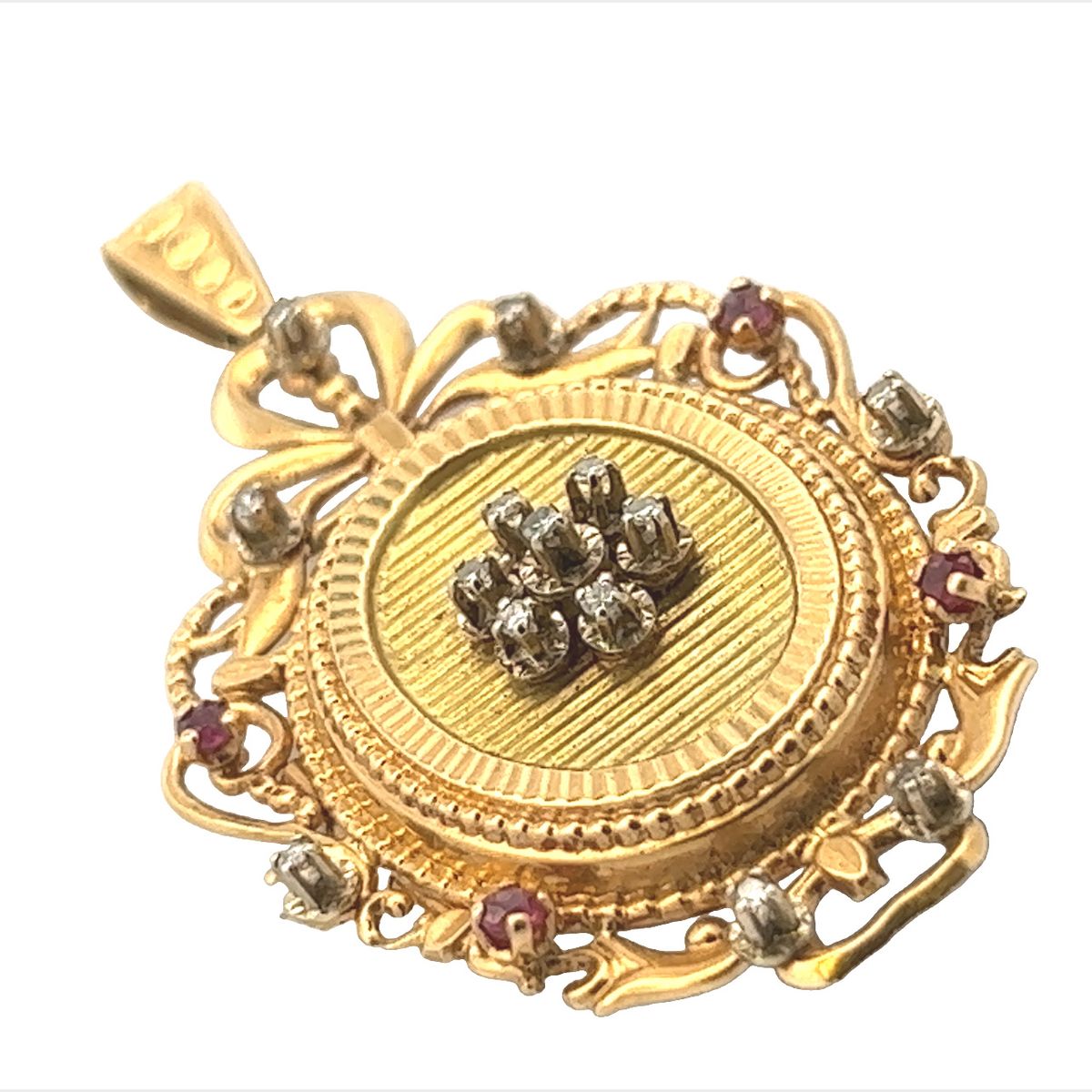 Victorian 18KT Yellow Gold Diamond & Ruby Locket front angle view