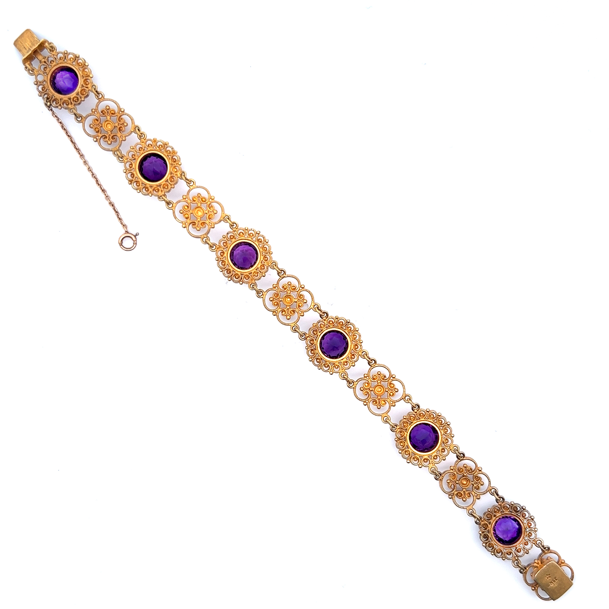 Victorian 14KT Yellow Gold Amethyst & Pearl Bracelet laid flat front view