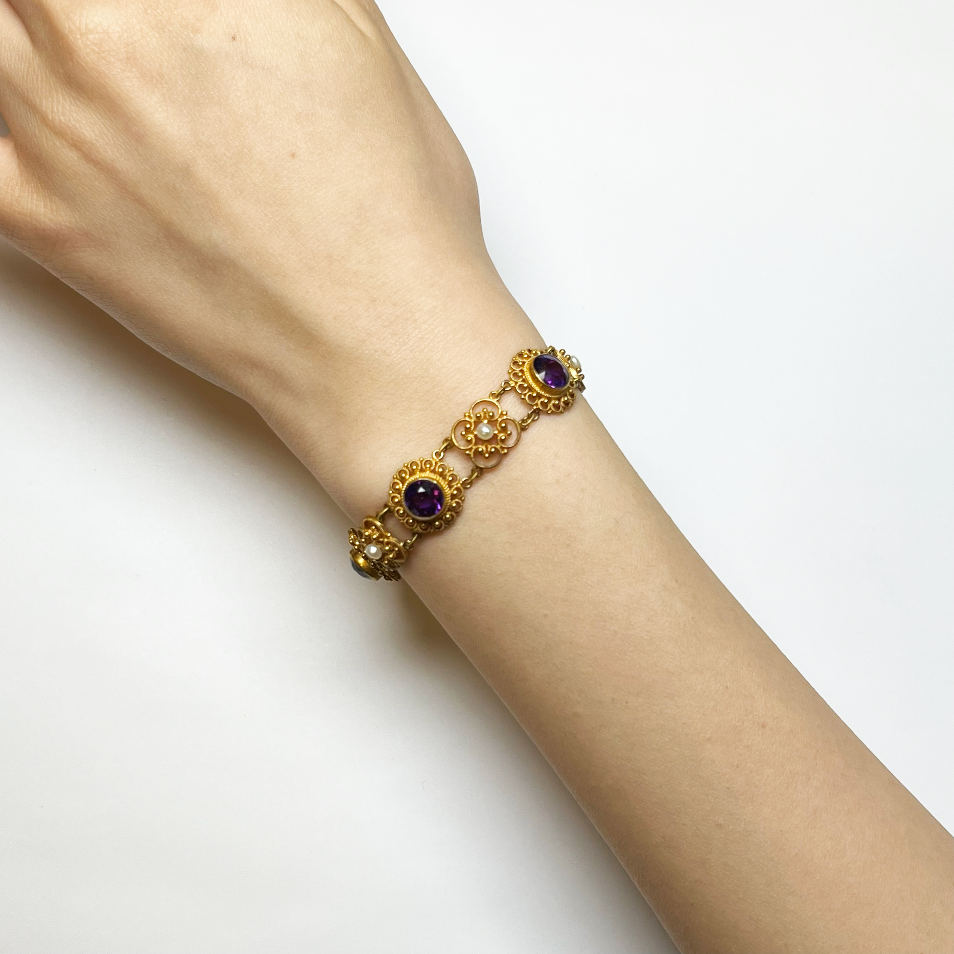 Victorian 14KT Yellow Gold Amethyst & Pearl Bracelet worn on wrist