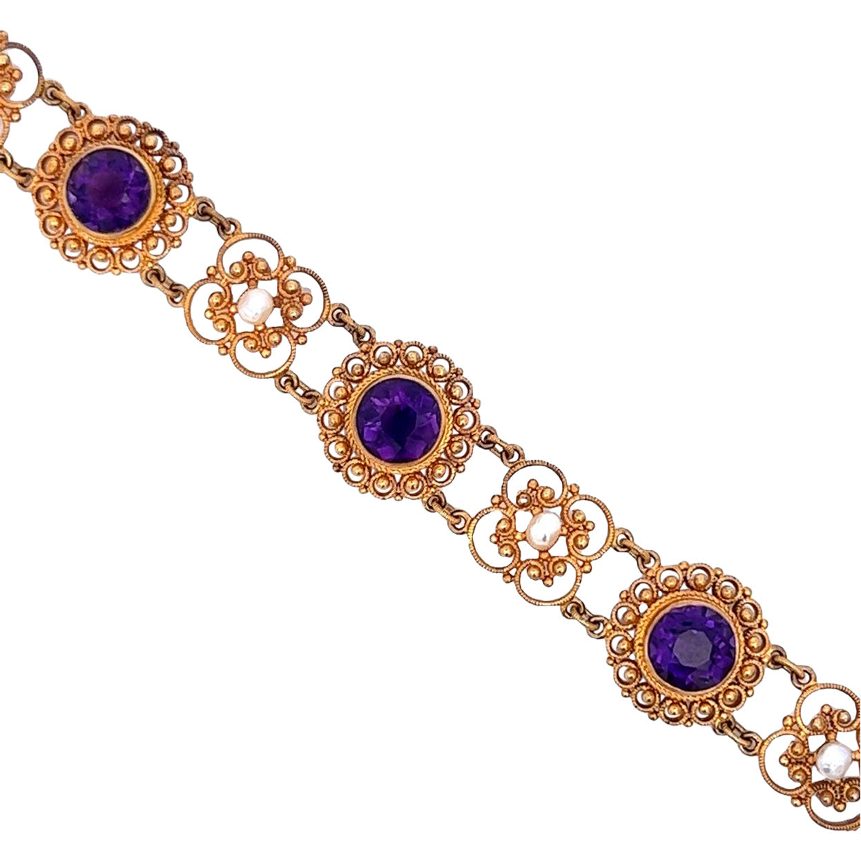 Victorian 14KT Yellow Gold Amethyst & Pearl Bracelet laid flat close-up view
