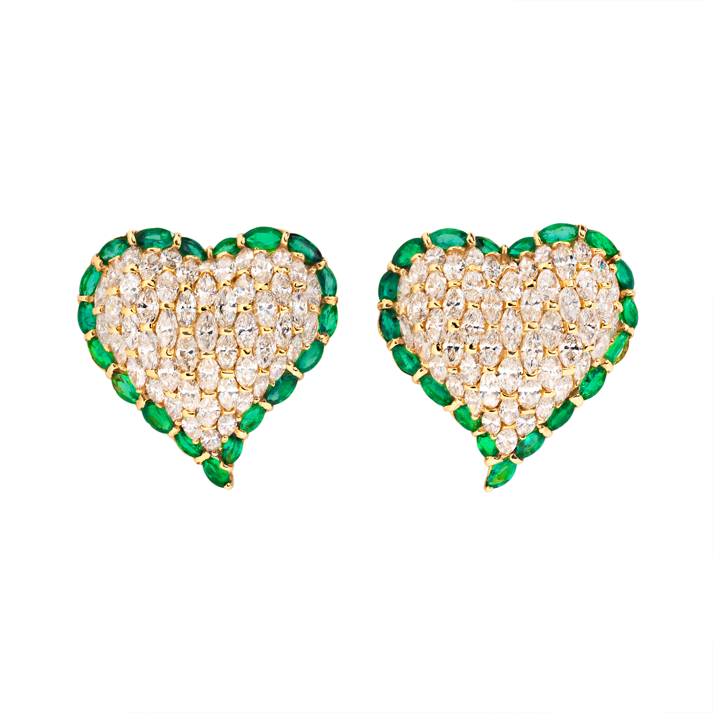 Moussaieff 1980s 18KT Yellow Gold Diamond & Emerald Heart Earrings front view
