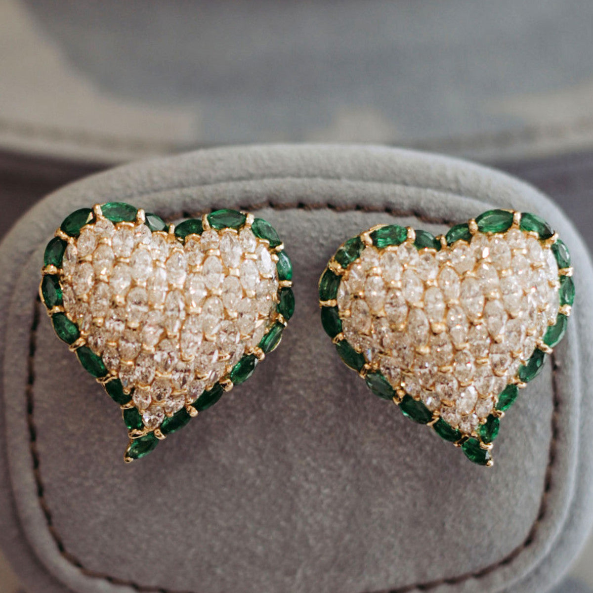 Moussaieff 1980s 18KT Yellow Gold Diamond & Emerald Heart Earrings front view
