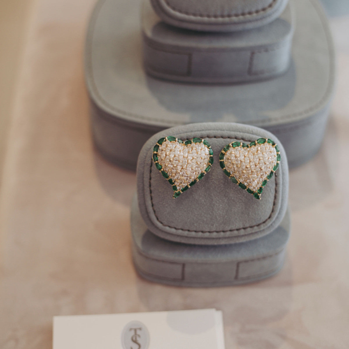 Moussaieff 1980s 18KT Yellow Gold Diamond & Emerald Heart Earrings in jewelry box