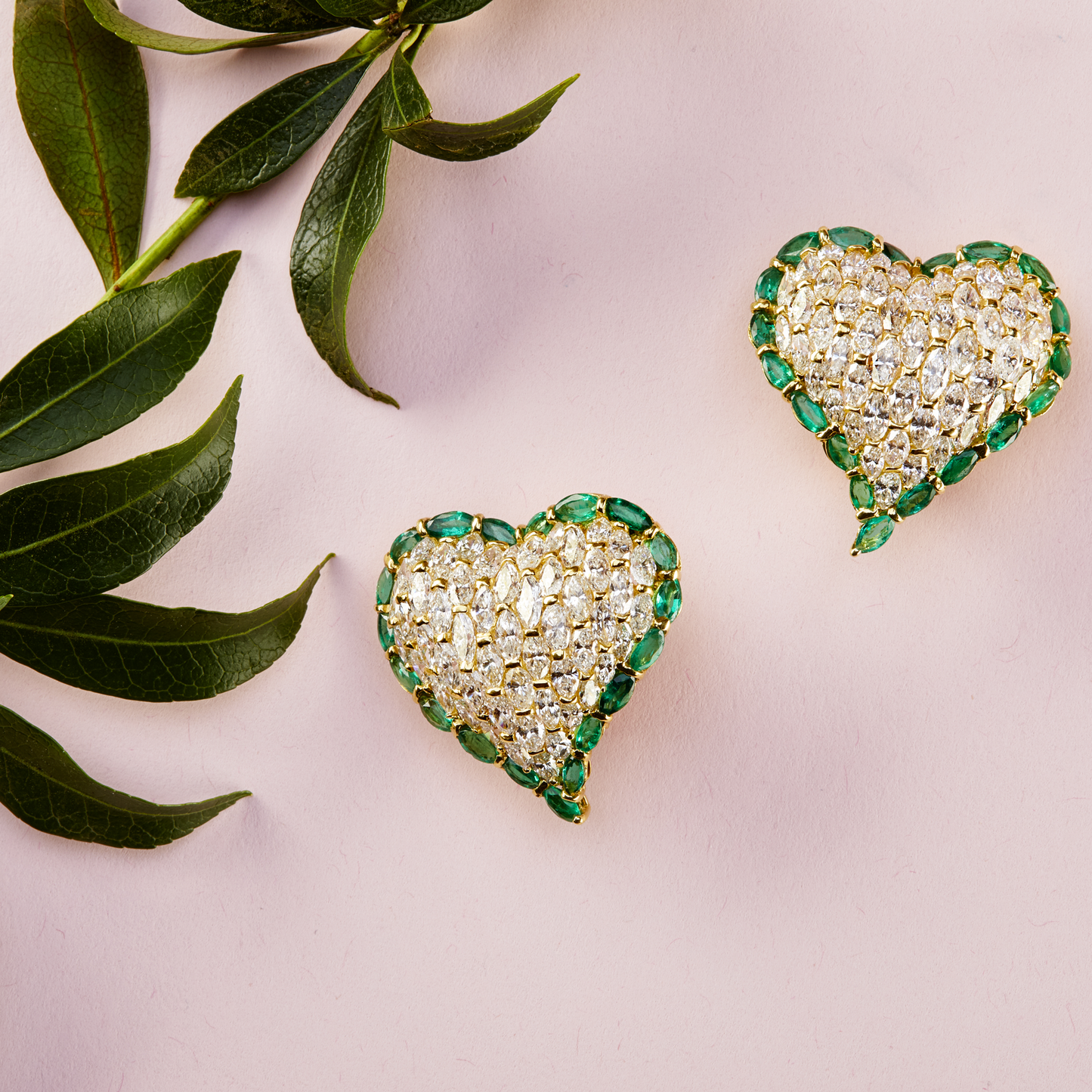 Moussaieff 1980s 18KT Yellow Gold Diamond & Emerald Heart Earrings front view