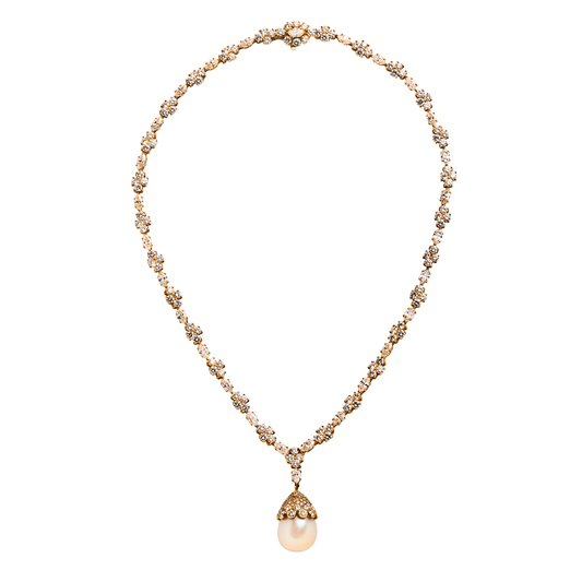 Harry Winston 1990s 18KT Yellow Gold Pearl & Diamond Necklace front view
