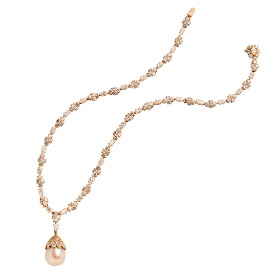 Harry Winston 1990s 18KT Yellow Gold Pearl & Diamond Necklace front side view