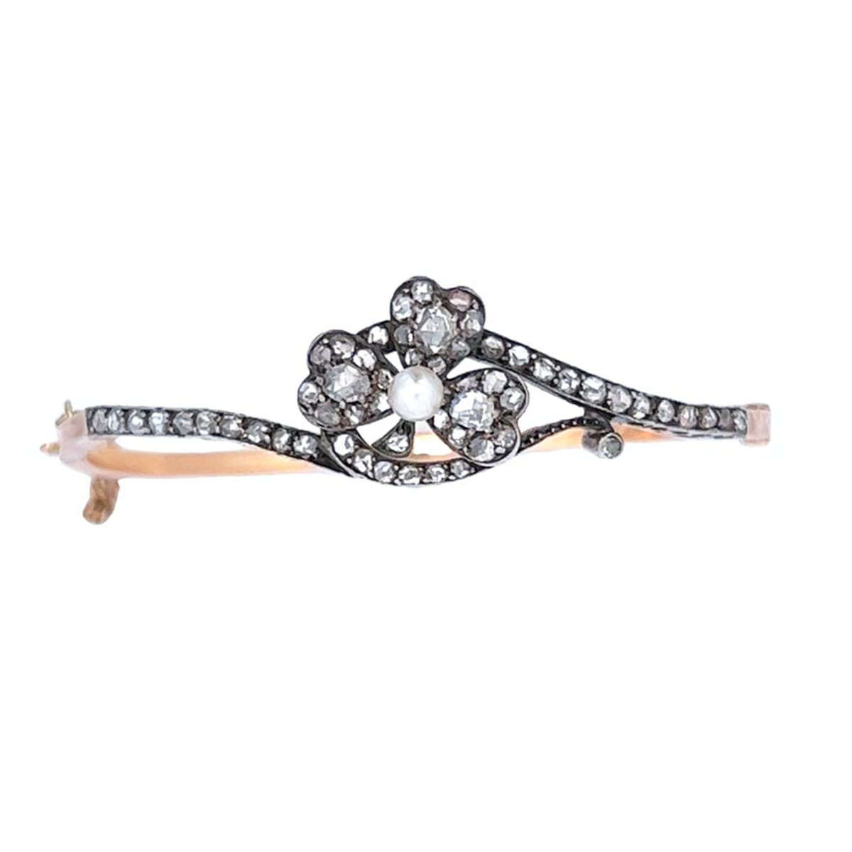 French Victorian Silver & 18KT Yellow Gold Diamond & Natural Pearl Bracelet front view