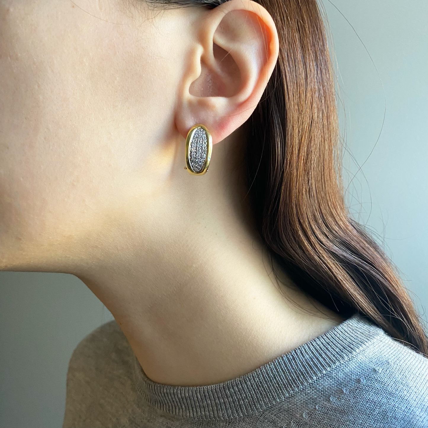 1980s 18KT Yellow Gold Diamond Earrings worn on ear