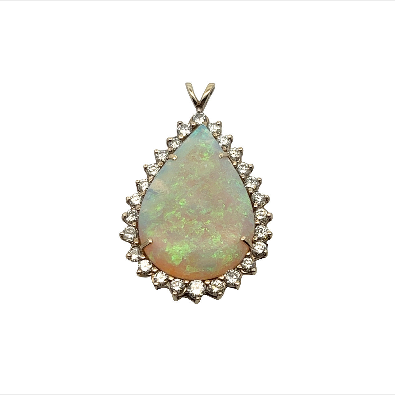 1970s 24KT Yellow Gold Opal & Diamond Pendant front view