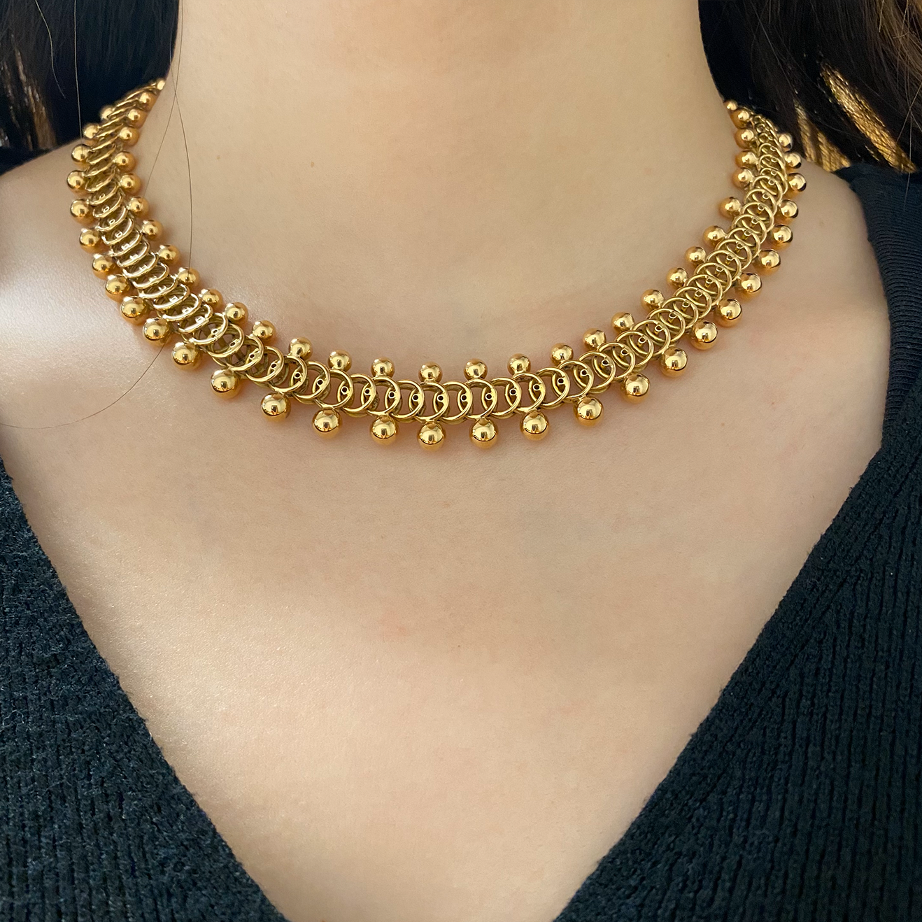 1950s 18KT Yellow Gold Necklace worn on neck