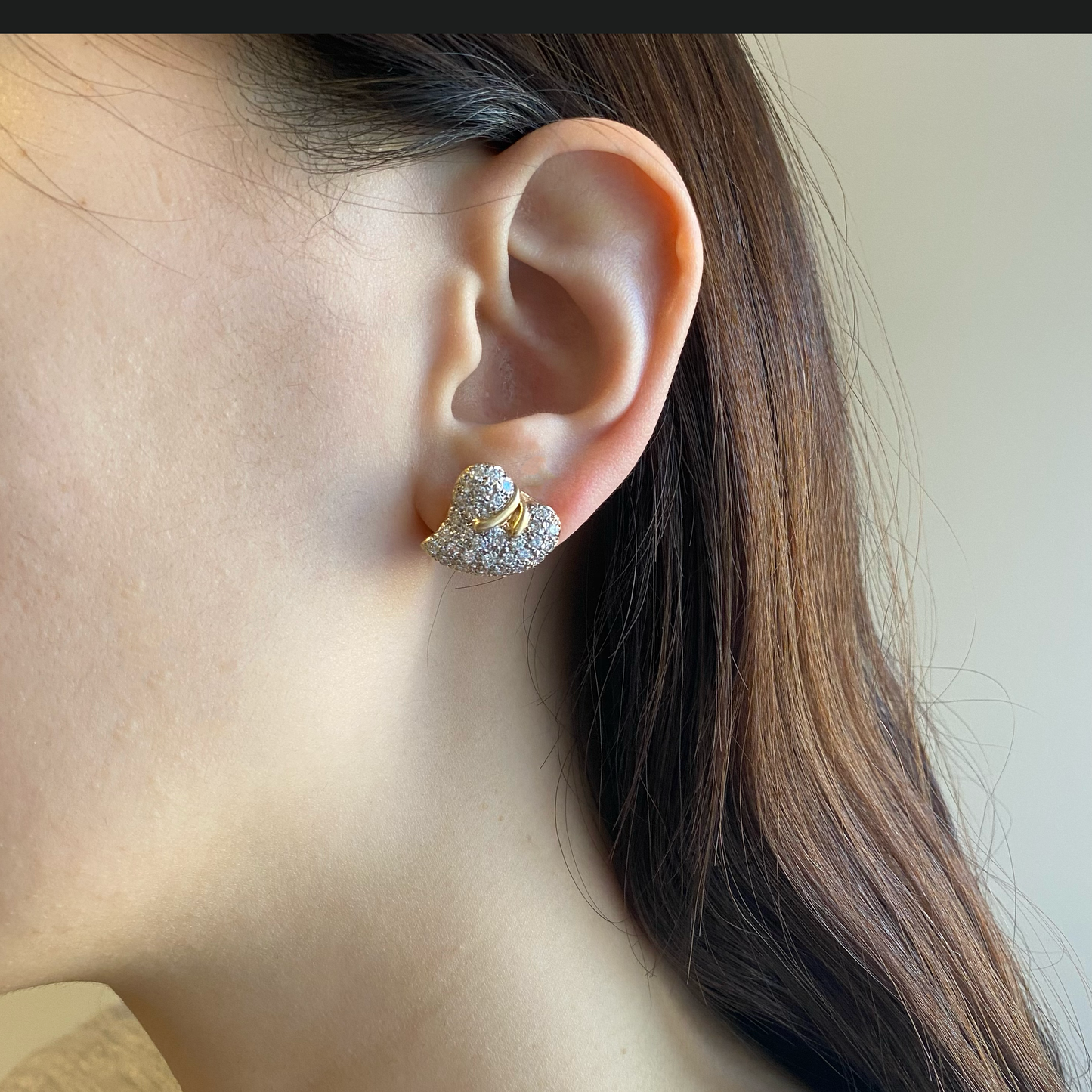 1970s 14KT Yellow Gold Diamond Earrings worn on ear