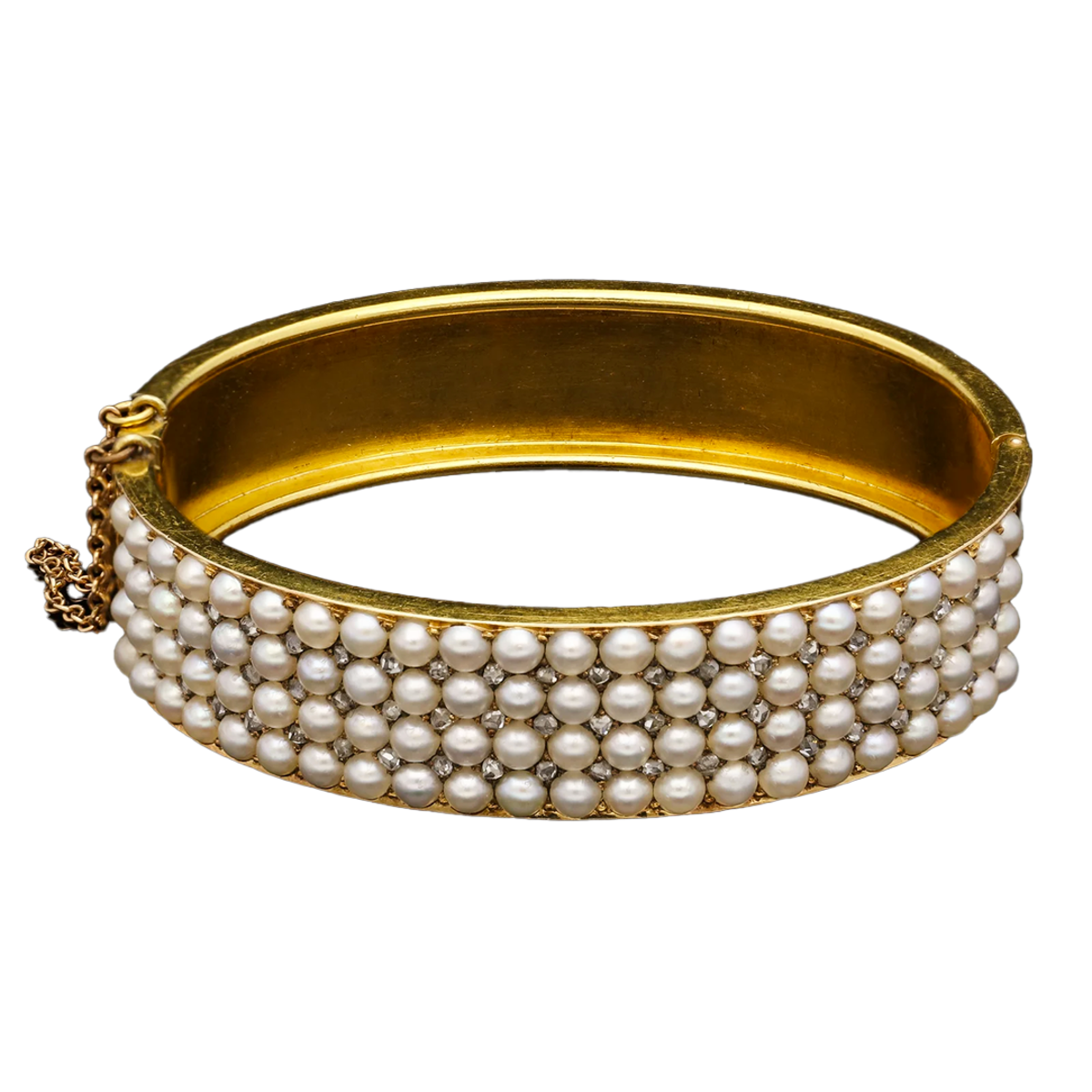 English Victorian 15KT Yellow Gold Pearl & Diamond Bangle Bracelet front view