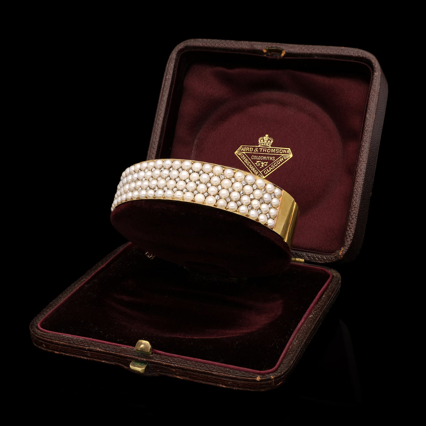 English Victorian 15KT Yellow Gold Pearl & Diamond Bangle Bracelet in jewelry box