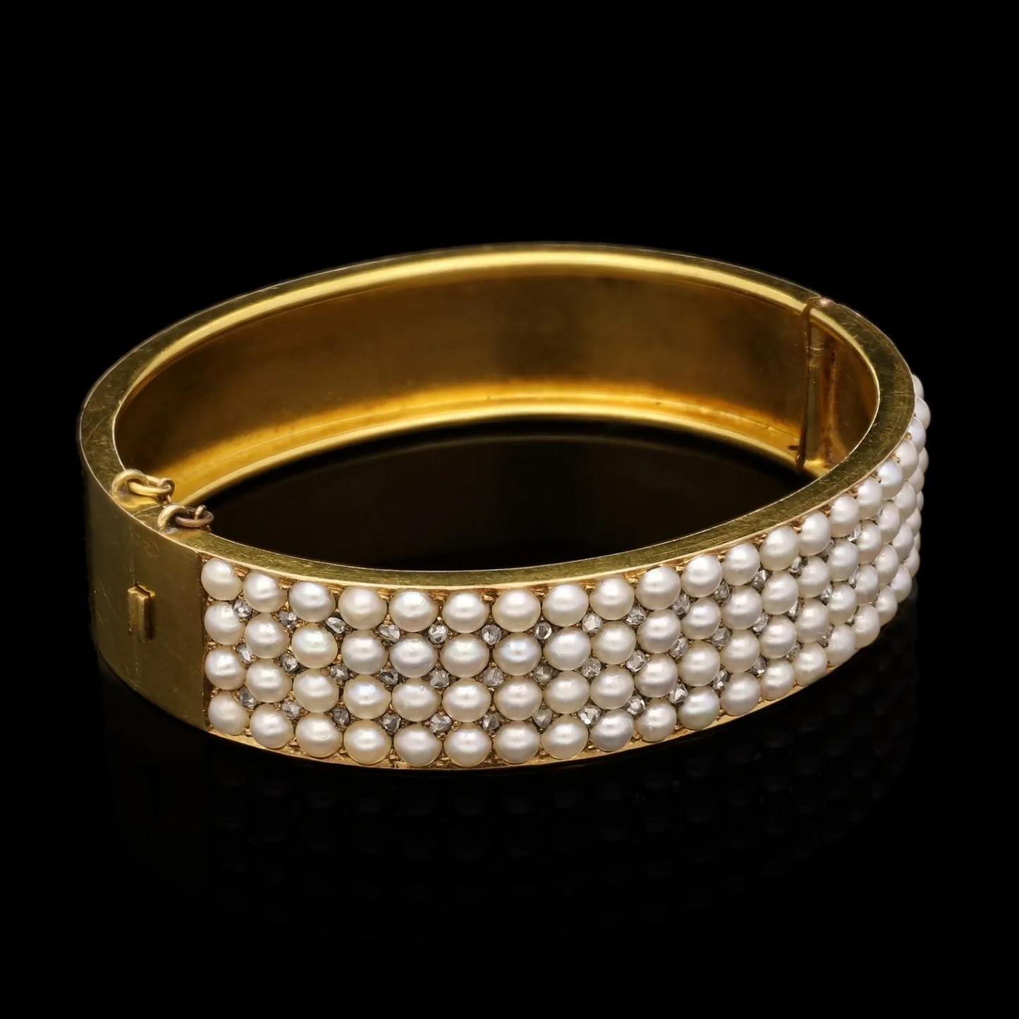 English Victorian 15KT Yellow Gold Pearl & Diamond Bangle Bracelet front side view