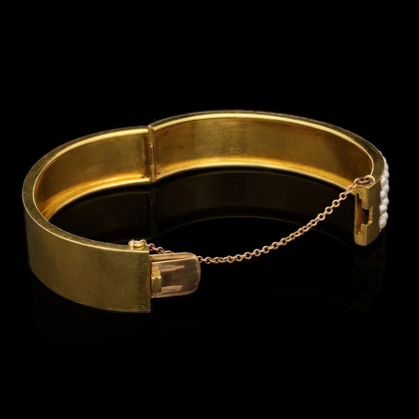 English Victorian 15KT Yellow Gold Pearl & Diamond Bangle Bracelet back view