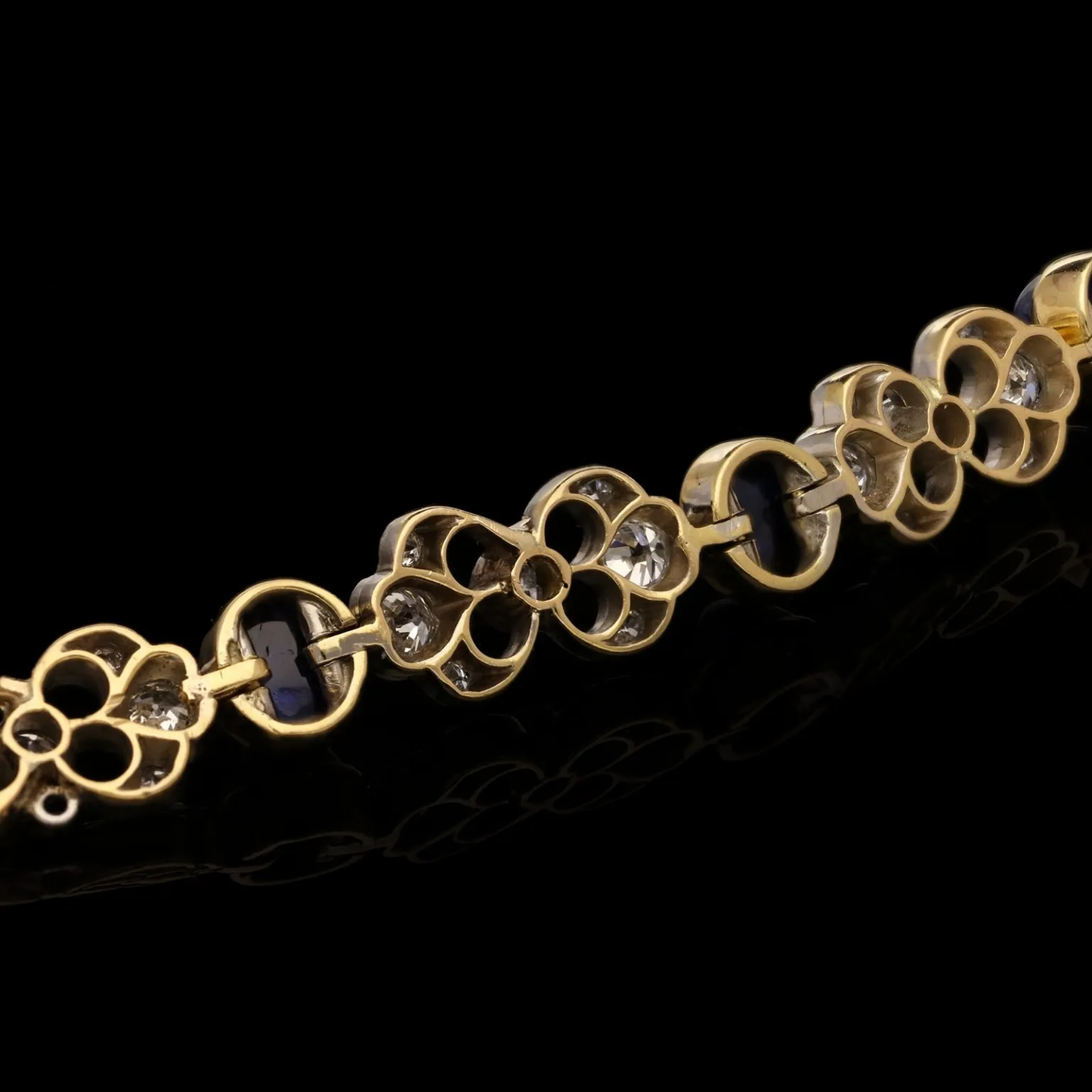 JE Caldwell American Art Deco Platinum & Yellow Gold Sapphire & Diamond Bracelet laid flat back view