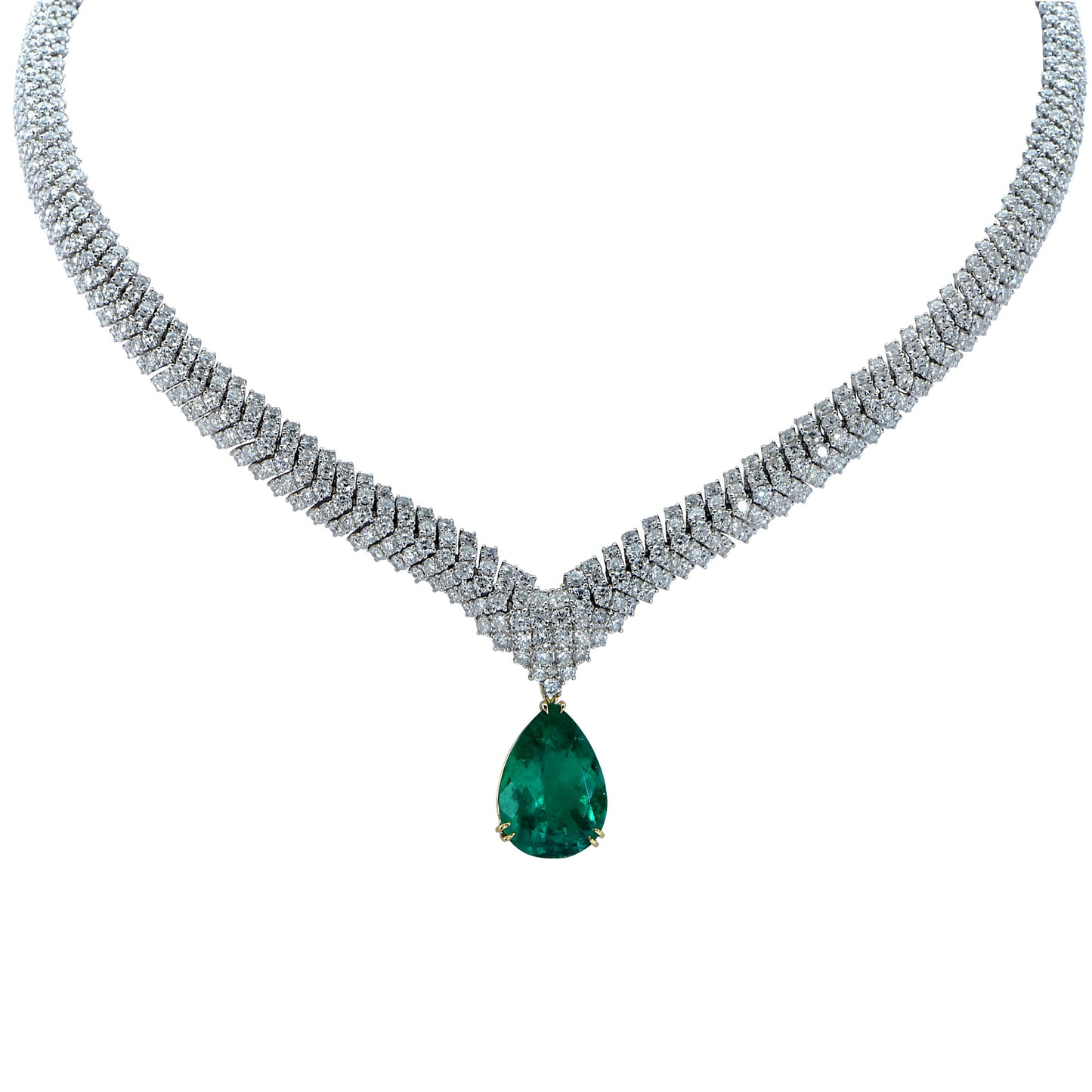 1990s 18KT White Gold Colombian Emerald & Diamond Necklace front view
