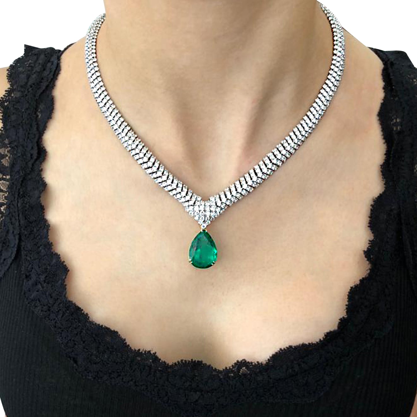 1990s 18KT White Gold Colombian Emerald & Diamond Necklace worn on neck