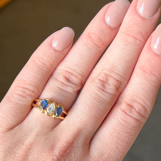 Chaumet 1950s 18KT Yellow Gold Sapphire & Diamond Ring worn on hand