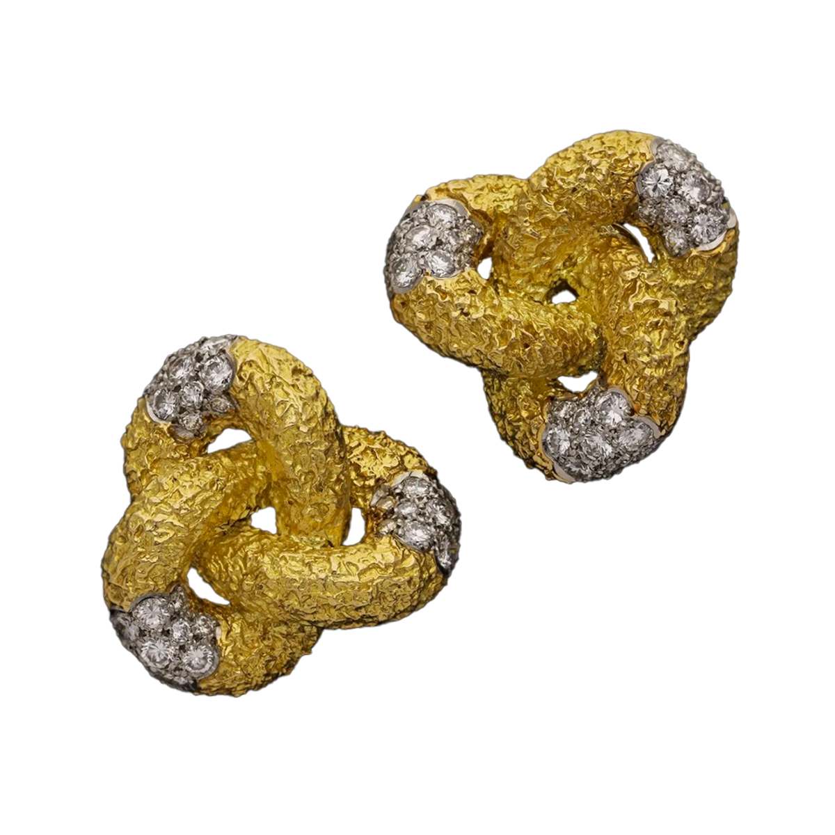 Cartier French 1970s 18KT Yellow Gold Diamond Knot Earrings front view