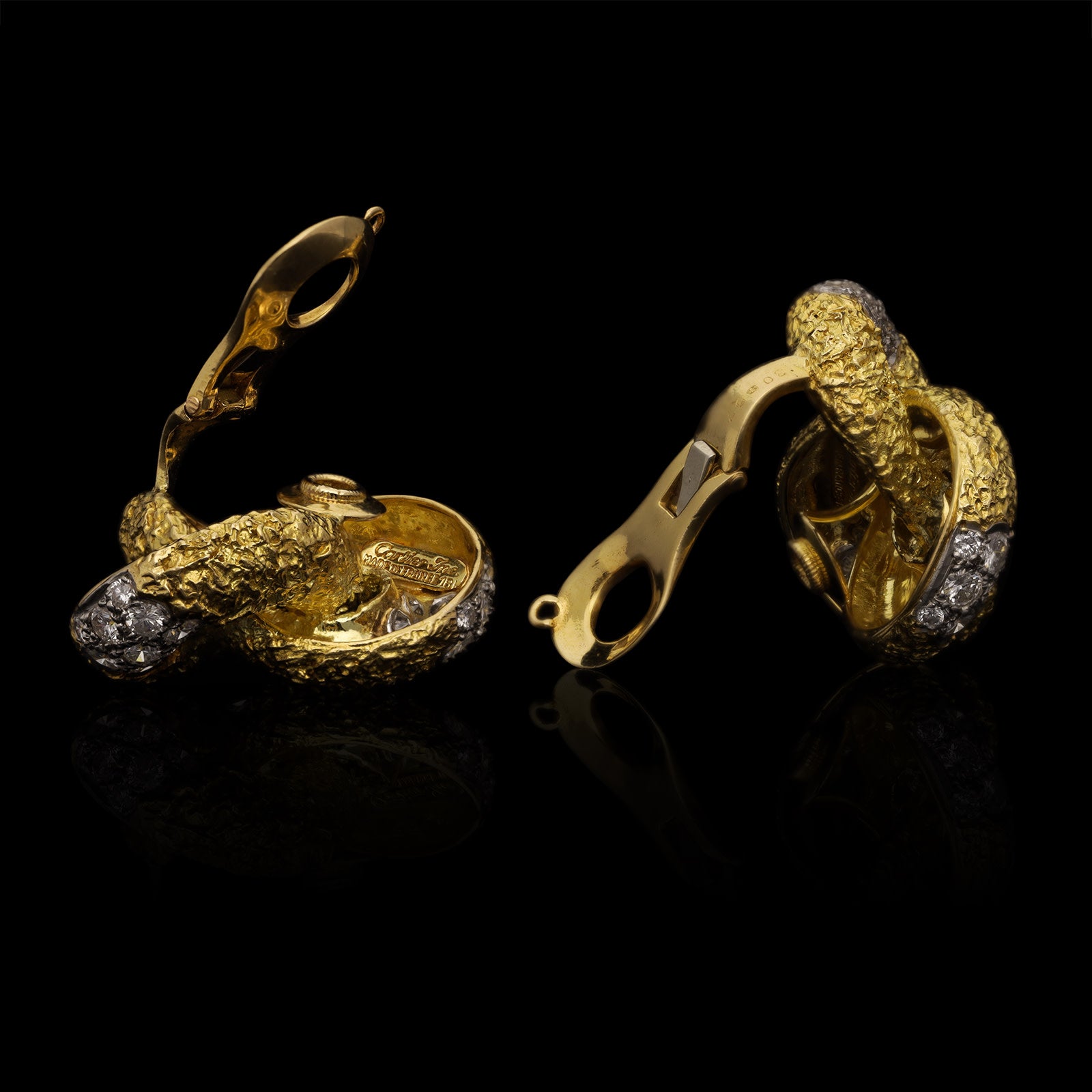 Cartier French 1970s 18KT Yellow Gold Diamond Knot Earrings side view