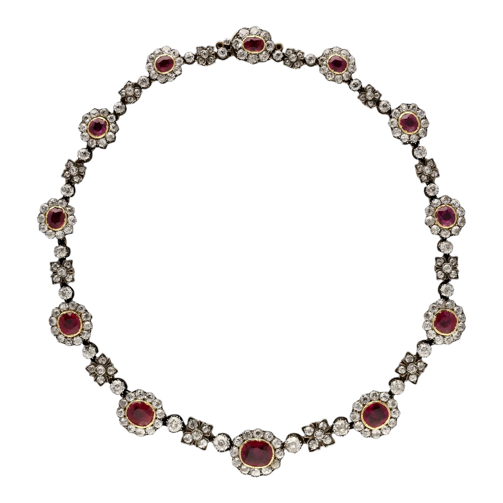 French Victorian 18KT Yellow Gold Ruby & Diamond Cluster Necklace front view