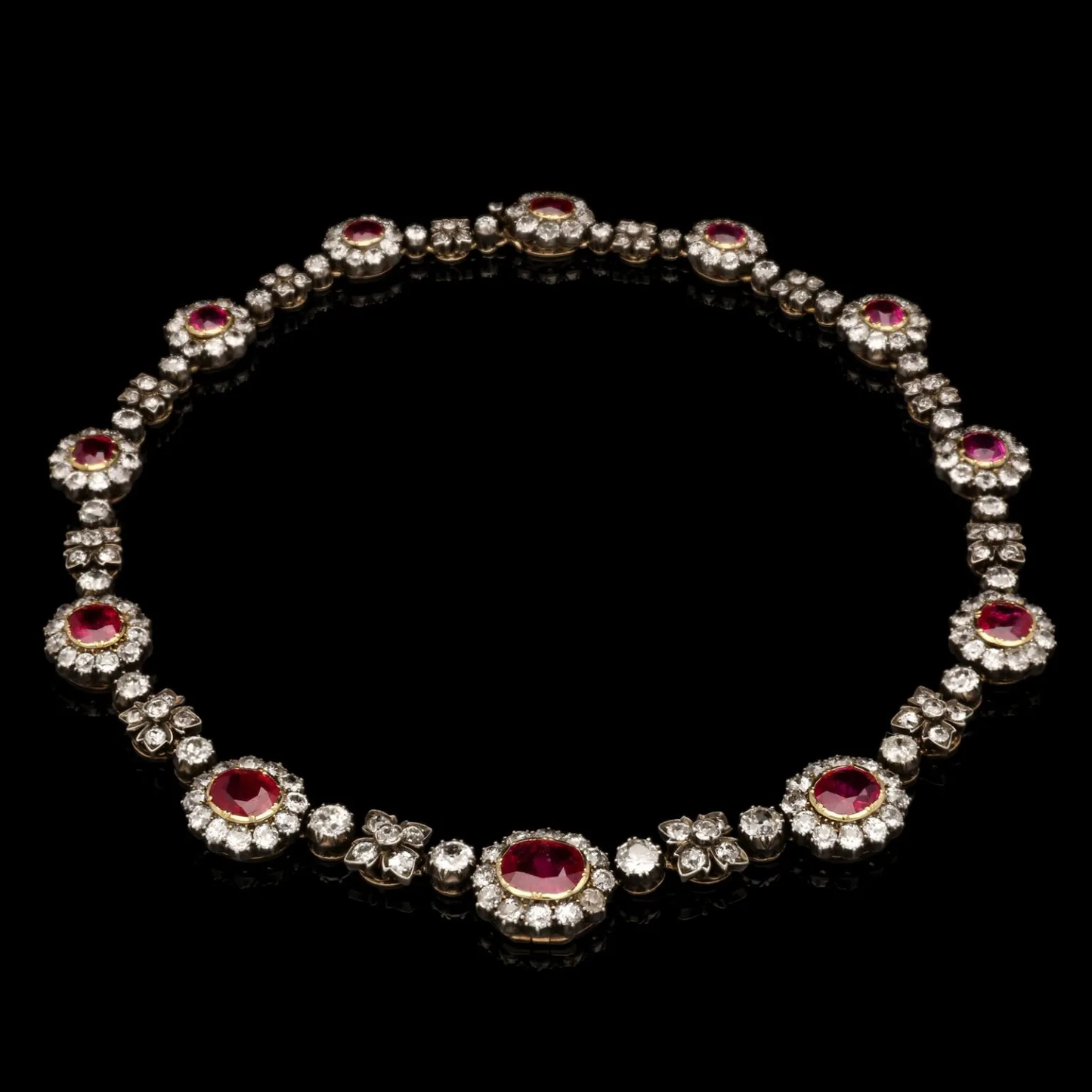 French Victorian 18KT Yellow Gold Ruby & Diamond Cluster Necklace flat front view