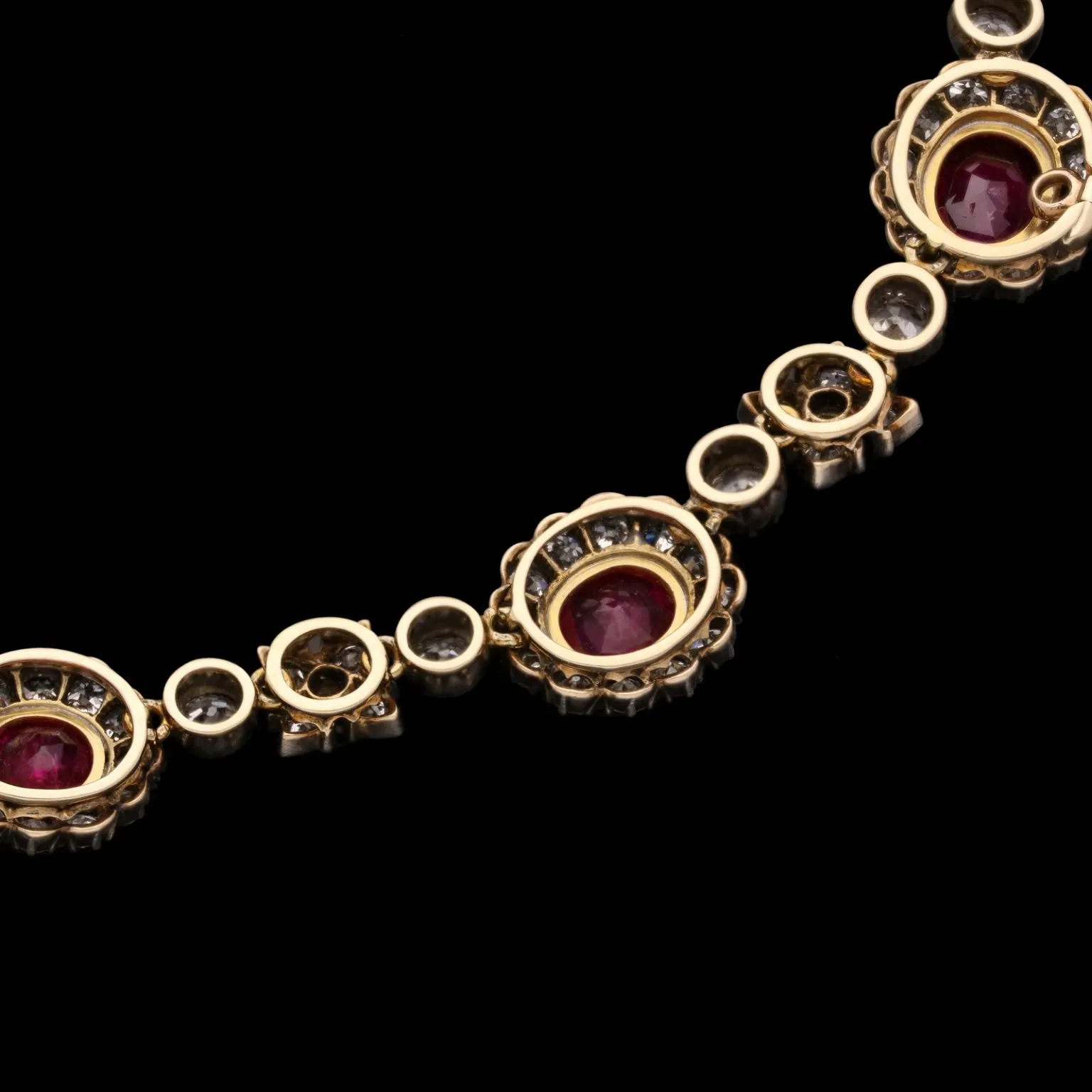 French Victorian 18KT Yellow Gold Ruby & Diamond Cluster Necklace close-up back view