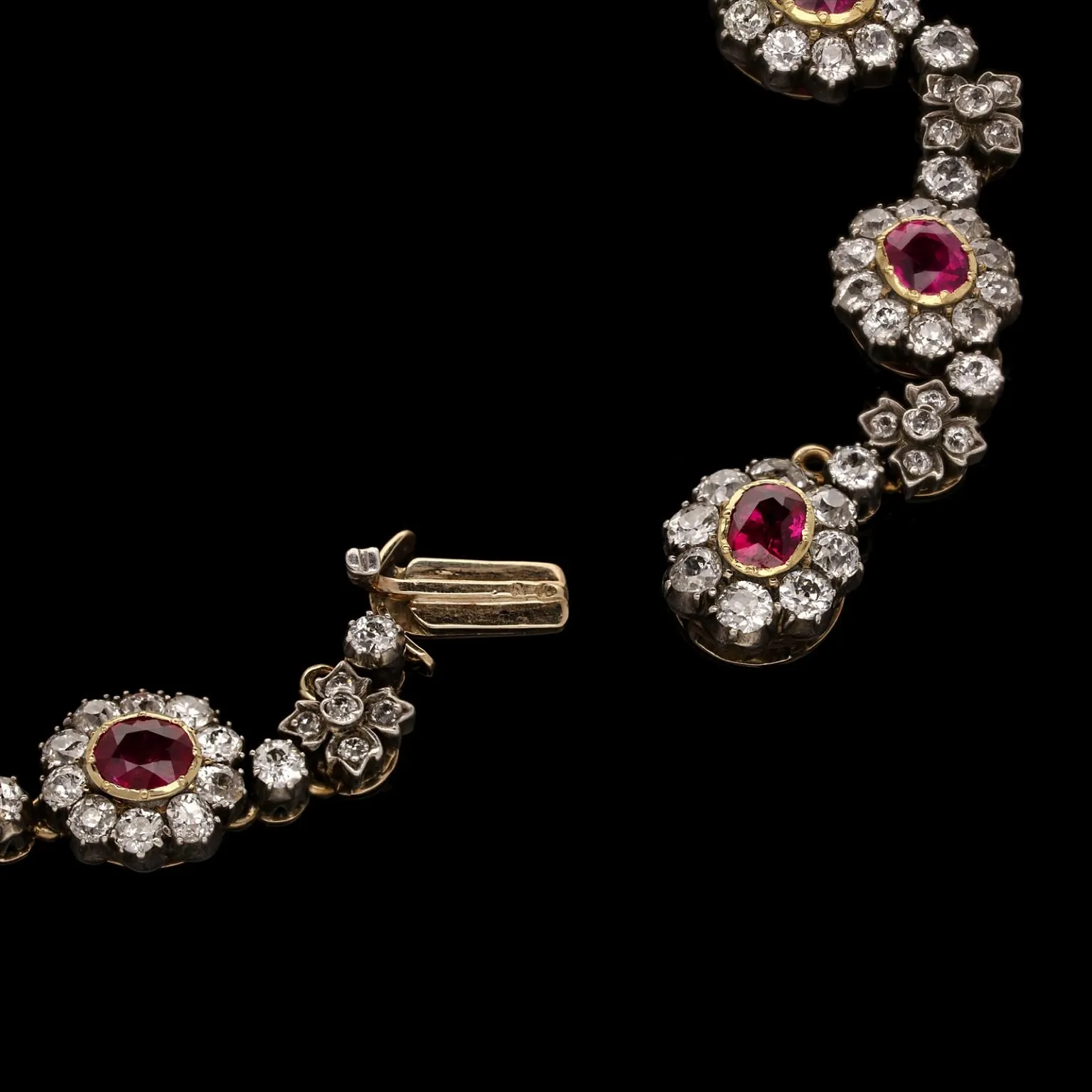 French Victorian 18KT Yellow Gold Ruby & Diamond Cluster Necklace close-up of clasp