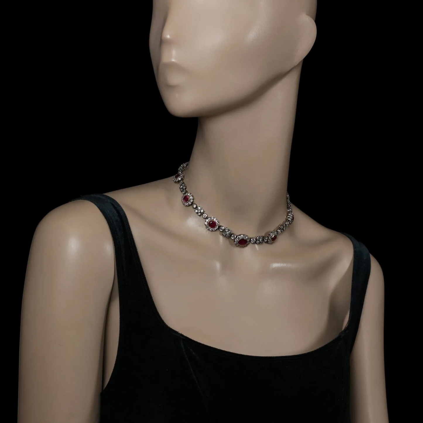 French Victorian 18KT Yellow Gold Ruby & Diamond Cluster Necklace worn on neck
