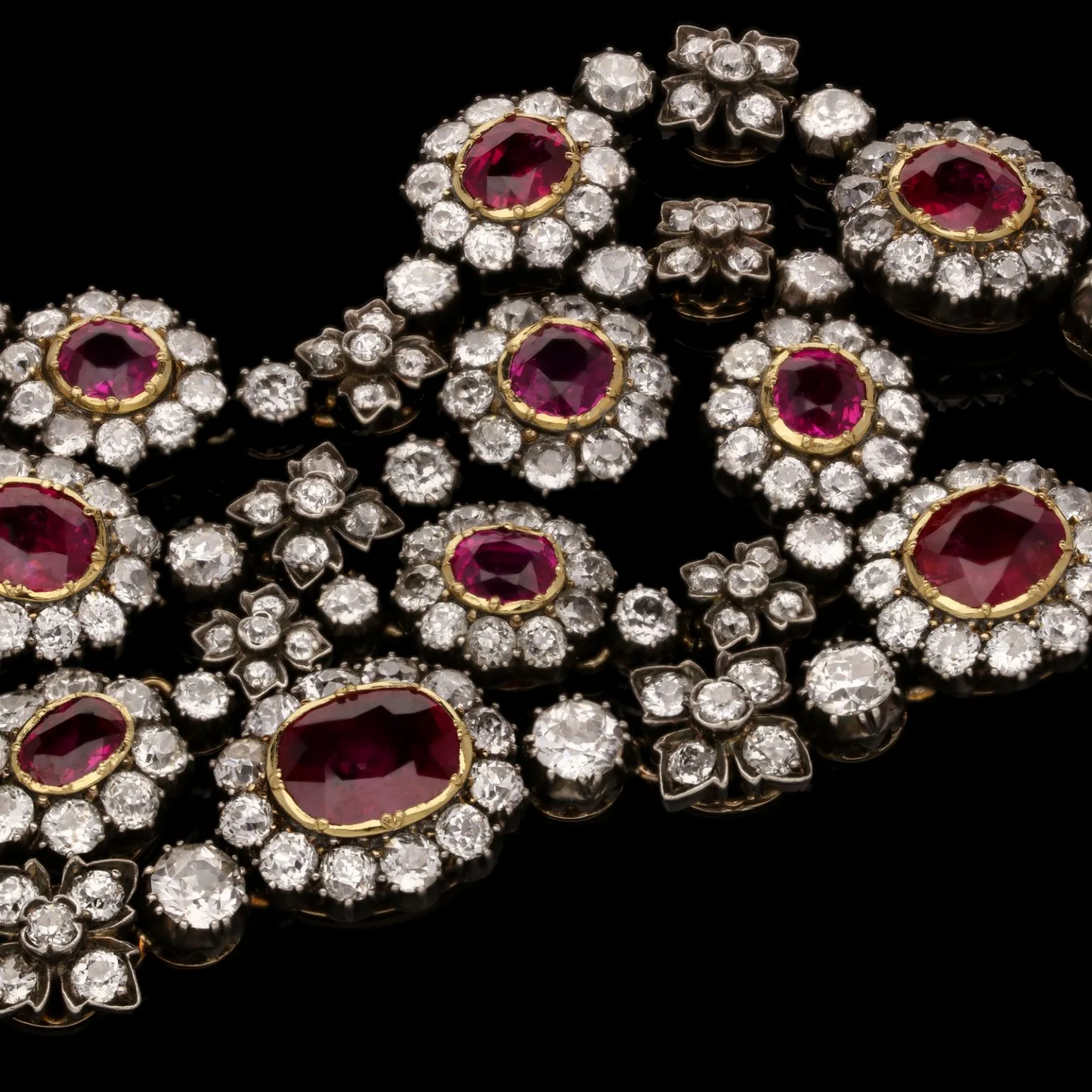  French Victorian 18KT Yellow Gold Ruby & Diamond Cluster Necklace close-up details